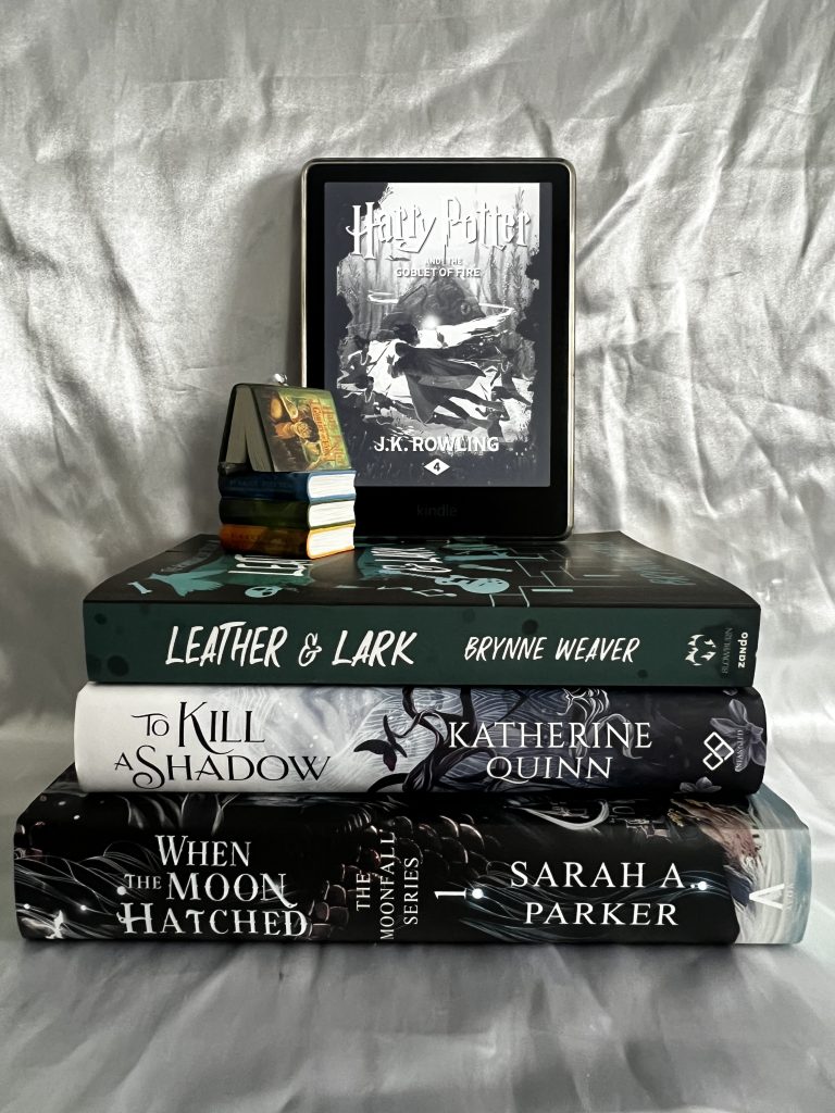 March TBR List: "Harry Potter and the Goblet of Fire" on kindle, "Leather & Lark", "To Kill a Shadow", and "When the Moon Hatched."